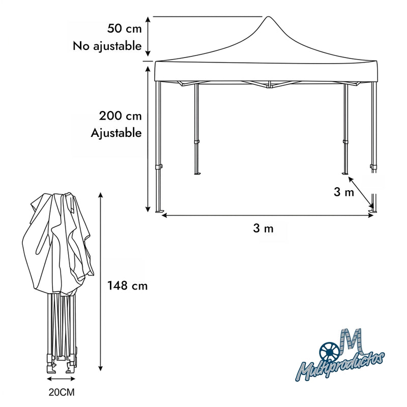 Cargue la imagen en el visor de la galería, Carpa negra FilmCrew multiproductos y expendables. Diagrama técnico de medidas de carpa plegable 3x3 metros armada y plegada. Muestra 200 cm de altura ajustable, 50 cm de techo, y 148x20 cm plegada.
