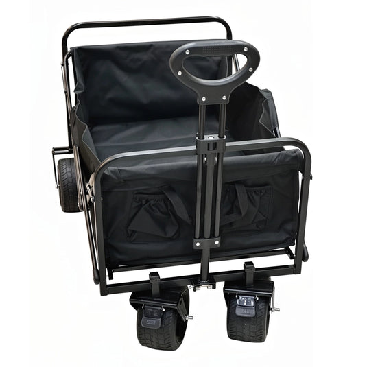 Carrito vagón plegable multiusos filmcrew. Vista trasera del carrito vagón plegable FilmCrew con asa telescópica, bolsillos exteriores y ruedas delanteras con freno.