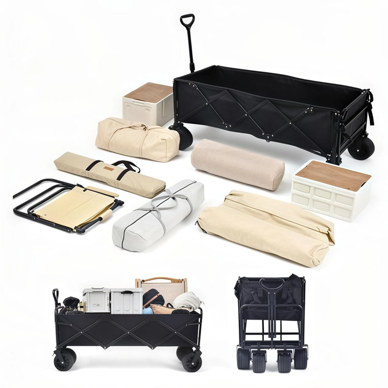 Cargue la imagen en el visor de la galería, Carrito vagón plegable multiusos FilmCrew. Carrito vagón plegable negro rodeado de equipo de acampada organizado, incluyendo bolsas de tela beige, cajas organizadoras con tapa de madera y sillas plegables. En la parte inferior se muestra el carrito cargado de equipaje y plegado de forma compacta.
