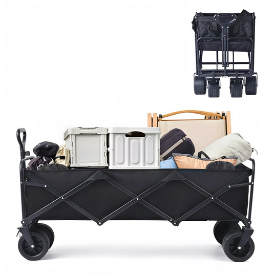 Carrito vagón plegable multiusos FilmCrew. Carrito vagón plegable multiusos cargado de equipaje y carrito vagón plegable multiusos plegado de forma compacta.