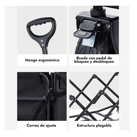Carrito vagón plegable multiusos FilmCrew. Cuatro imágenes en retícula con detalles del carrito vagón plegable FilmCrew: mango ergonómico, rueda con pedal de bloqueo y desbloqueo, correa de ajuste y estructura metálica plegable.