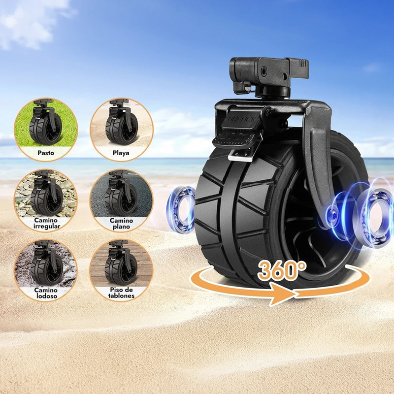 Cargue la imagen en el visor de la galería, Carrito vagón plegable multiusos FilmCrew. Rueda todoterreno del carrito vagón FilmCrew con rotación de 360 grados. Ejemplos de uso en pasto, playa, camino irregular, plano, lodoso y piso de tablones.
