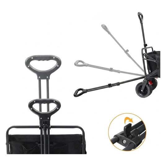 Carrito vagón plegable multiusos FilmCrew. Mango ajustable y telescópico del carrito vagón plegable FilmCrew mostrando sus diferentes ángulos de inclinación y altura extensible. 