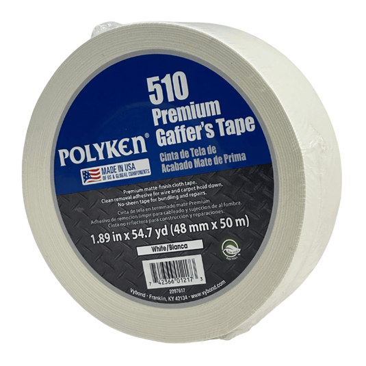 Cinta gaffer premium Polyken 510. Rollo de cinta gaffer blanca Polyken 510 de 48 mm x 50 m empaquetado con etiqueta azul.