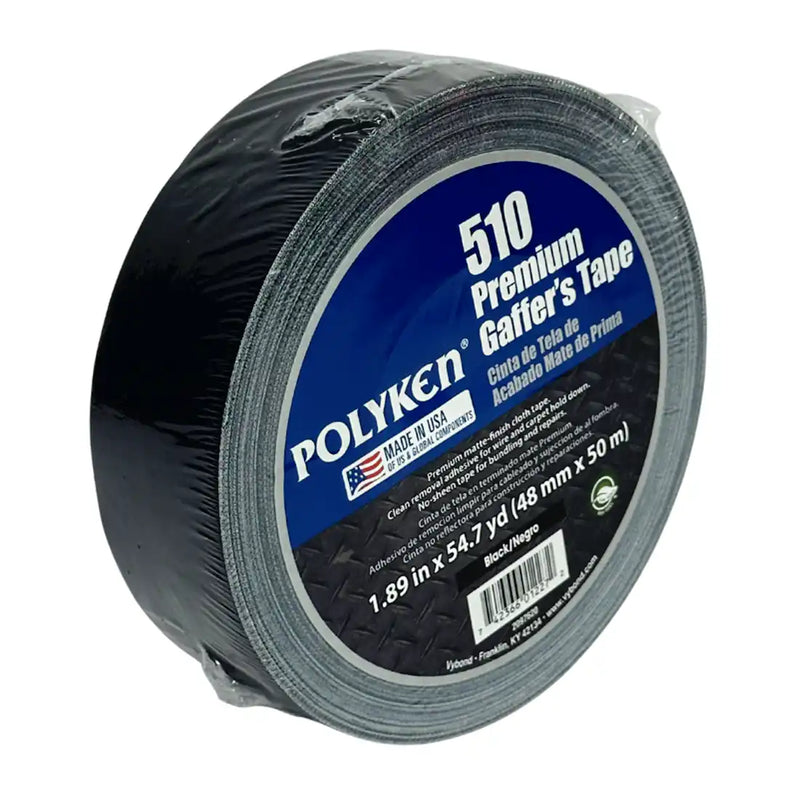 Cargue la imagen en el visor de la galería, Cinta gaffer mate Polyken 510 de 48 mm x 50 m. Rollo de cinta gaffer color negro Polyken 510 envuelta en celofán con etiqueta azul y negra.
