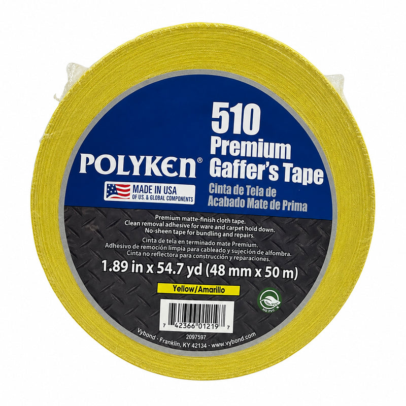 Cargue la imagen en el visor de la galería, Cinta gaffer mate Polyken 510 de 48 mm x 50 m. Rollo de cinta gaffer color amarillo Polyken 510 envuelta en celofán con etiqueta azul informativa.
