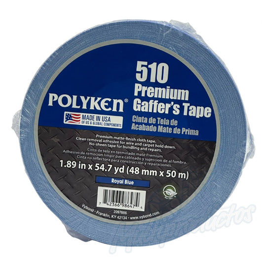 Cinta gaffer mate Polyken 510 de 48 mm x 50 m. Rollo de cinta gaffer color azul Polyken 510 envuelta en celofán con etiqueta azul informativa.