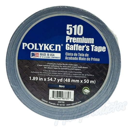 Cinta gaffer mate Polyken 510 de 48 mm x 50 m. Rollo de cinta gaffer color azul navy Polyken 510 envuelta en celofán con etiqueta azul informativa.