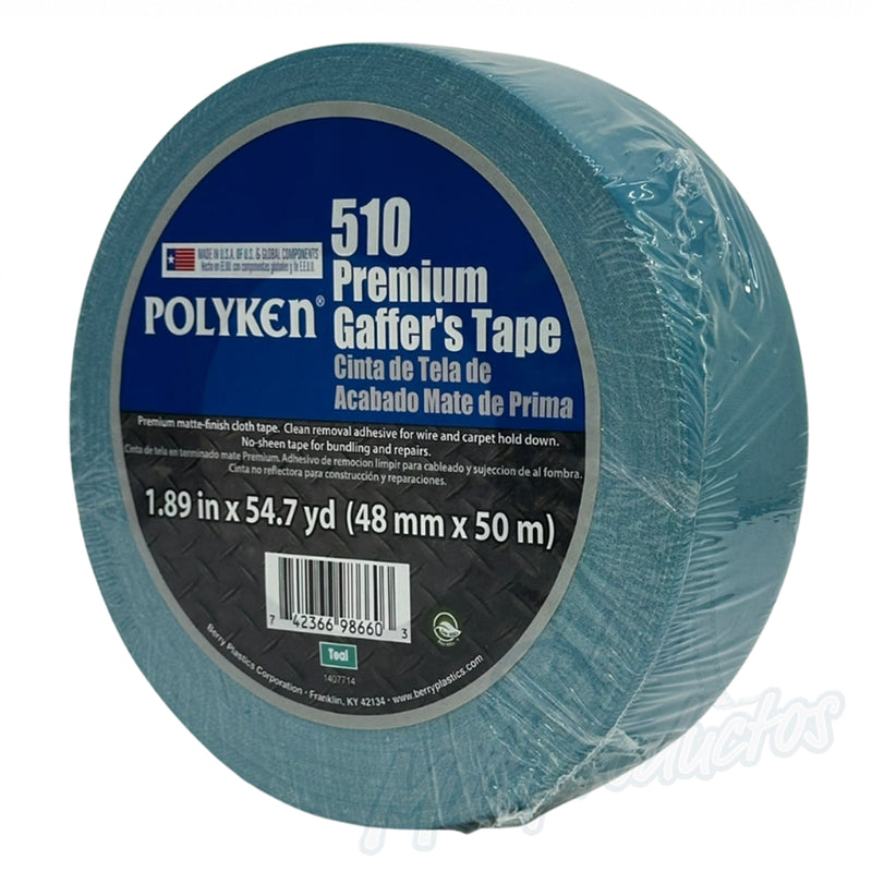 Cargue la imagen en el visor de la galería, Cinta gaffer mate Polyken 510 de 48 mm x 50 m. Rollo de cinta gaffer color azul turquesa Polyken 510 envuelta en celofán con etiqueta azul informativa.
