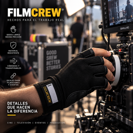 Guante fingerless FilmCrew en uso ajustando el foco de una cámara de cine