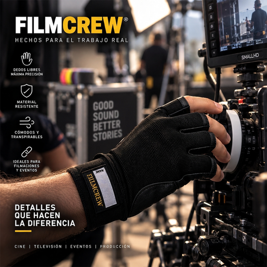 Guantes fingerless Filmcrew Multiproductos. Guante fingerless FilmCrew en uso ajustando el foco de una cámara de cine.