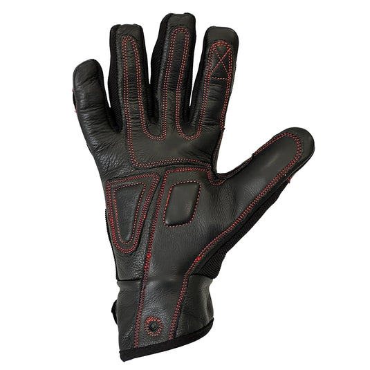 Guantes para altas temperaturas FilmCrew. Palma de cuero negro con costuras rojas.