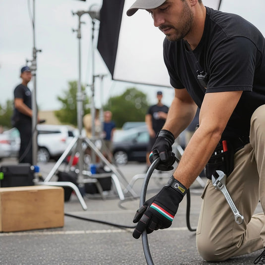Guantes para altas temperaturas FilmCrew. Técnico de iluminación en rodaje manejando cables de alta temperatura con guantes profesionales FilmCrew.
