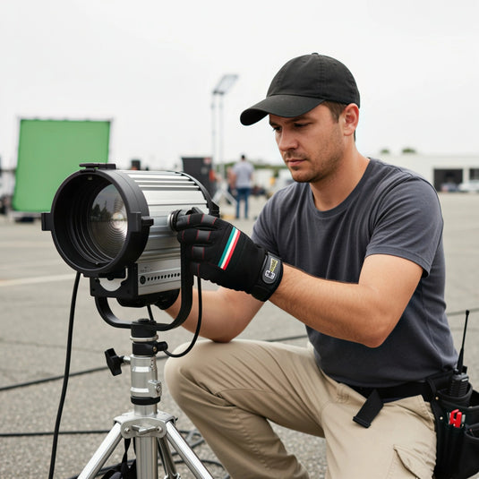 Guantes para altas temperaturas FilmCrew. Gaffer ajustando reflector de luz caliente con guantes térmicos profesionales FilmCrew.