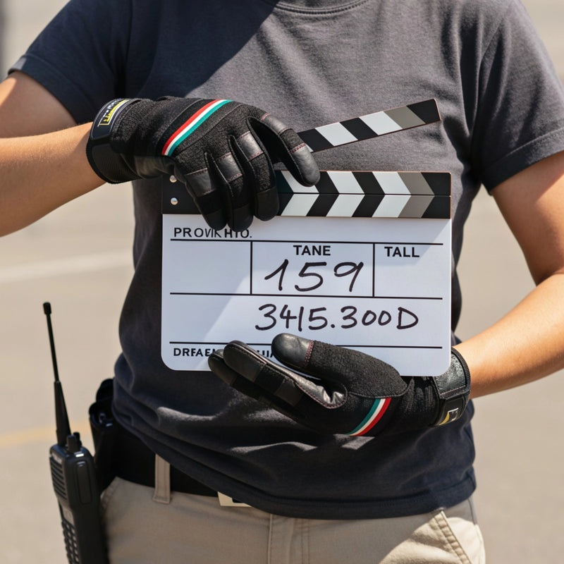 Cargue la imagen en el visor de la galería, Guantes para altas temperaturas FilmCrew. Claquetista sosteniendo claqueta de cine profesional con guantes de trabajo FilmCrew.
