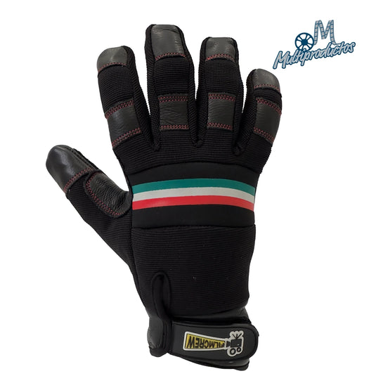 Guantes para altas temperaturas FilmCrew. Dorso de guante FilmCrew con diseño tricolor y ajuste de velcro para rodajes.