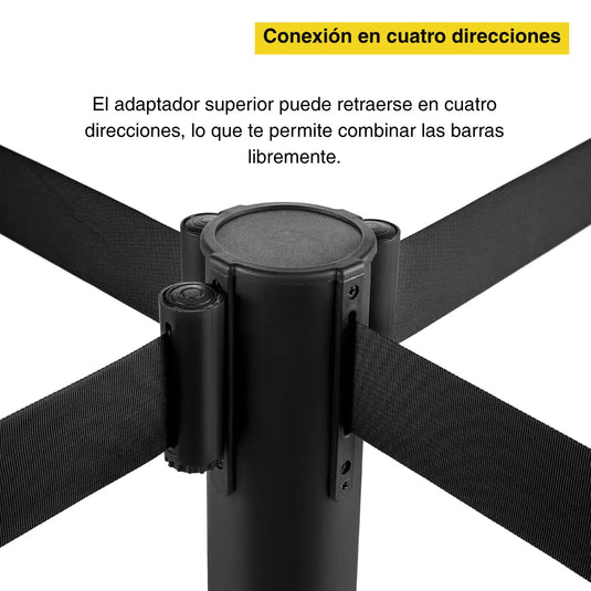 4 Postes Delimitador De Filas Negro Cinta Negra Retractil 2m Negro