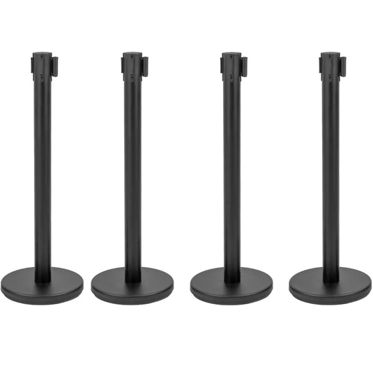 4 Postes Delimitador De Filas Negro Cinta Negra Retractil 2m Negro