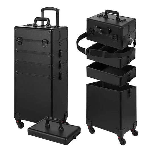 Neceser profesional 4 niveles con llantas. Estructura completa de 4 niveles desmontables del carrito organizador de maquillaje con ruedas color negro.