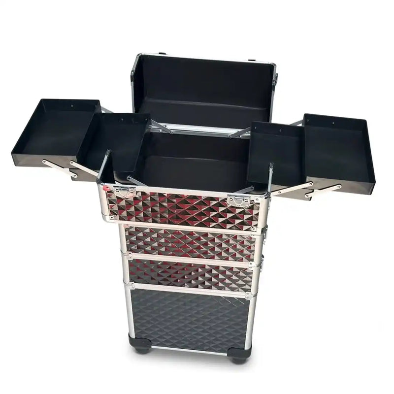 Cargue la imagen en el visor de la galería, Neceser profesional 4 niveles con llantas. Neceser profesional de 4 niveles desplegado con bandejas organizadoras de maquillaje.
