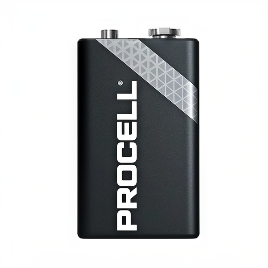 Pilas 9v Procell  Multiproductos y Expendables. Pila alcalina Procell de 9V industrial en fondo blanco.