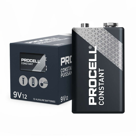 Pilas 9v Procell  Multiproductos y Expendables. Caja de pilas de 9V Procell Constant y una pila individual al frente.