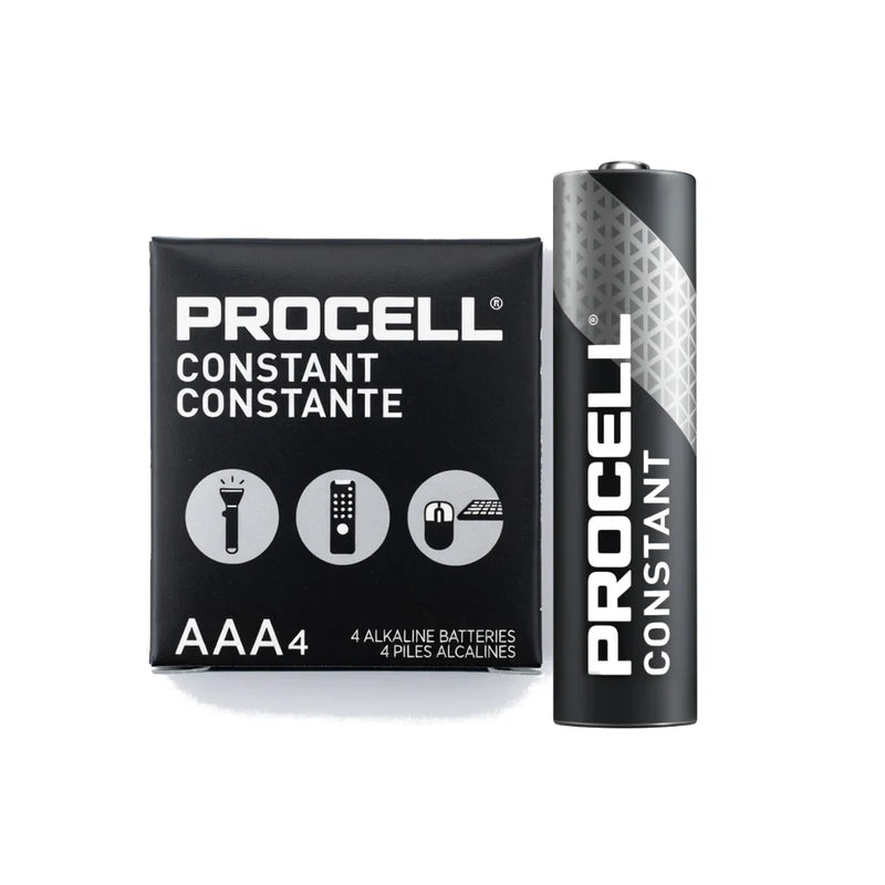Cargue la imagen en el visor de la galería, Pilas AAA Procell PC2400 multiproductos. Caja de 4 pilas alcalinas AAA Procell Constant PC2400 de 1.5V y una pila individual en fondo blanco.
