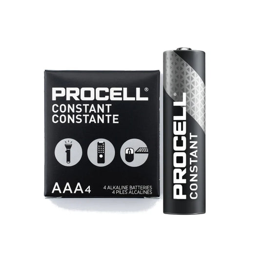Pilas AAA Procell PC2400 multiproductos. Caja de 4 pilas alcalinas AAA Procell Constant PC2400 de 1.5V y una pila individual en fondo blanco.