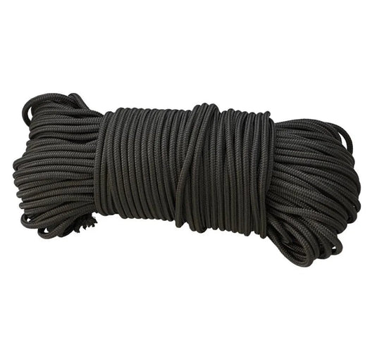 Piola cuerda de polipropileno negra.  Piola cuerda de polipropileno negra vista superior de madeja de un kilogramo.
