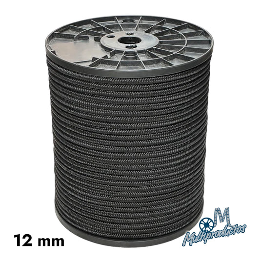 Piola negra tejido diamante carrete de 10 kg. Carrete de 10 kg de piola negra de polipropileno tejido diamante de 12 mm de grosor.