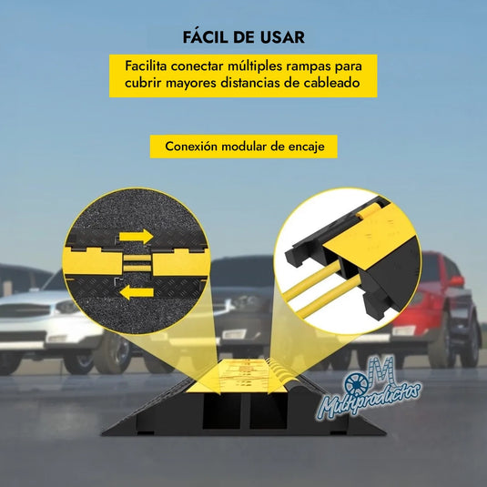 Rampa protectora de cables de 2 canales. Diagrama del sistema de conexión modular de encaje para unir varias rampas protectoras de cables sobre asfalto.