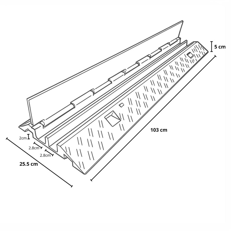 Cargue la imagen en el visor de la galería, Rampa protectora de cables de 2 canales. Plano técnico con medidas de rampa protectora de cables de 2 canales de 103 cm de largo, 25.5 cm de ancho y 5 cm de alto.

