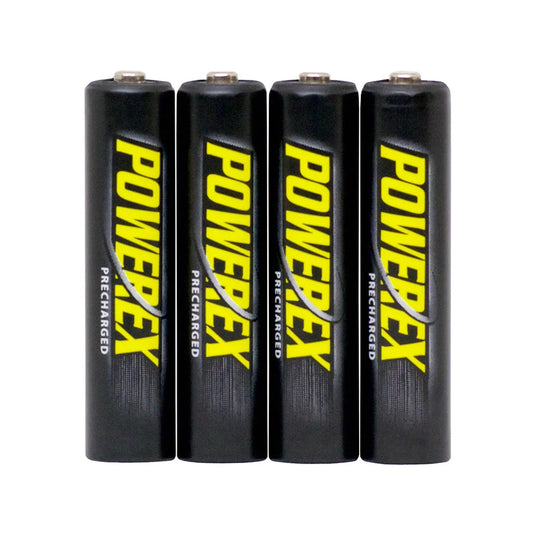 Set de pilas recargables AAA Powerex. Set de 4 pilas recargables AAA Powerex Precharged de color negro y amarillo.