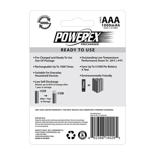 Set de pilas recargables AAA Powerex. Reverso del empaque de pilas recargables Powerex AAA con especificaciones técnicas y características.