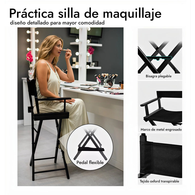 Cargue la imagen en el visor de la galería, Silla de director de aluminio multiproductos. Modelo en silla de maquillaje profesional negra y detalles de bisagra, pedal flexible, marco de metal engrosado y tejido oxford.
