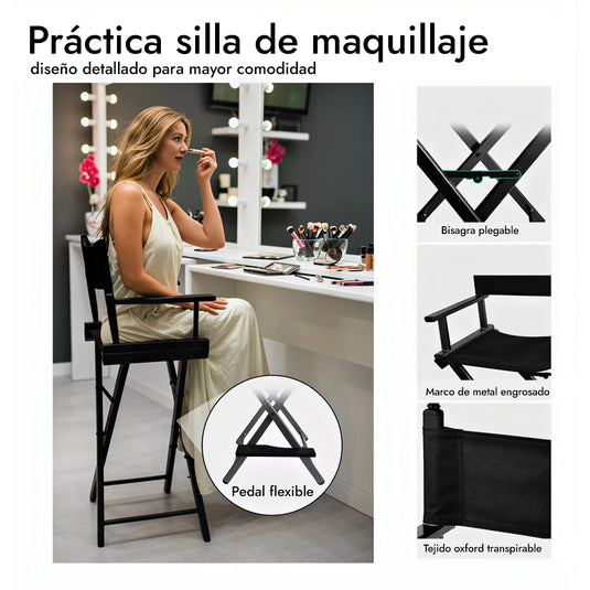 Silla de director de aluminio multiproductos. Modelo en silla de maquillaje profesional negra y detalles de bisagra, pedal flexible, marco de metal engrosado y tejido oxford.