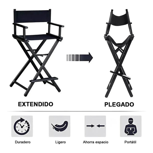 Silla de director de aluminio multiproductos. Silla de director plegable y portátil de aluminio en posición extendida y cerrada.