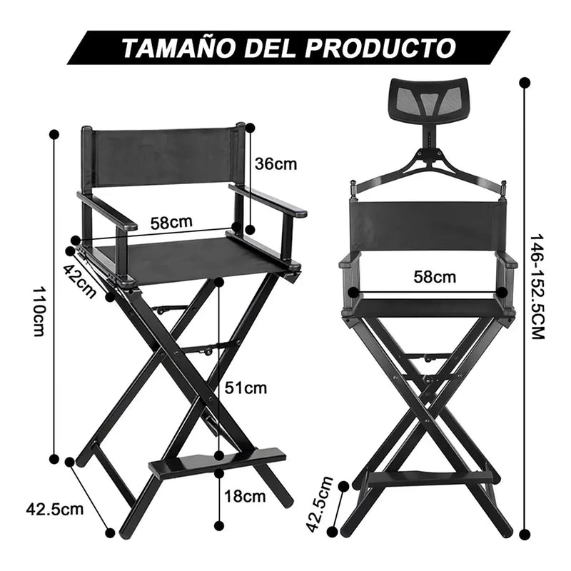 Cargue la imagen en el visor de la galería, Silla de director de aluminio multiproductos. Medidas y dimensiones de la silla de director alta con reposacabezas en aluminio negro.
