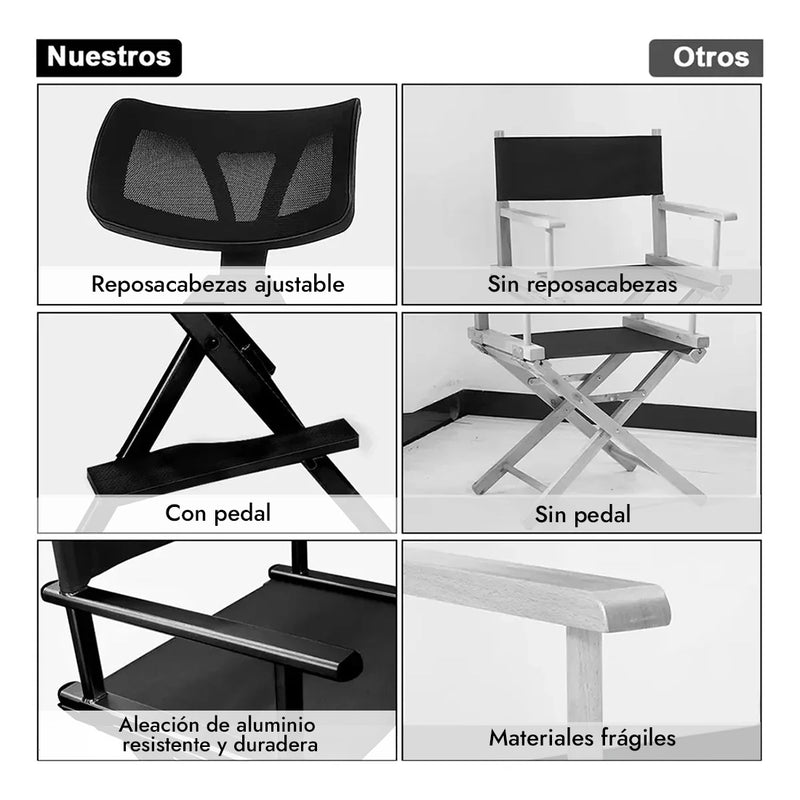 Cargue la imagen en el visor de la galería, Silla de director de aluminio multiproductos. Comparativa de la silla con reposacabezas ajustable, pedal y estructura resistente de aluminio frente a modelos tradicionales.
