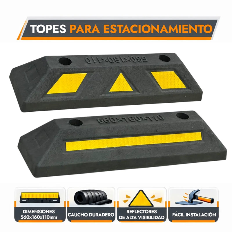 Cargue la imagen en el visor de la galería, Topes de estacionamiento reflejantes multiproductos y expendables. Par de topes para estacionamiento de caucho negro con cintas reflejantes amarillas y especificaciones de durabilidad.
